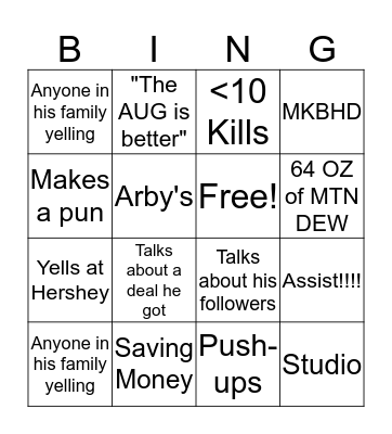 Ryan Playing CSGO Bingo Card