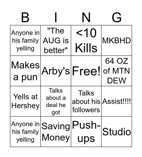 Ryan Playing CSGO Bingo Card