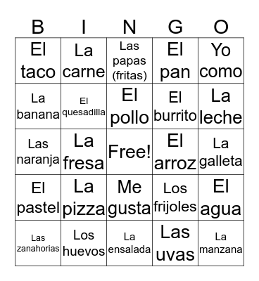 elementary teaching spanish foods  Bingo Card