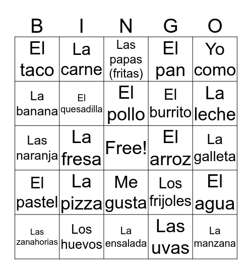 elementary teaching spanish foods  Bingo Card