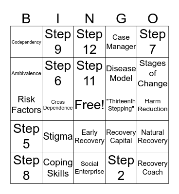 Recovery Bingo Card