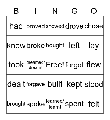 Past Tense Verbs Bingo Card
