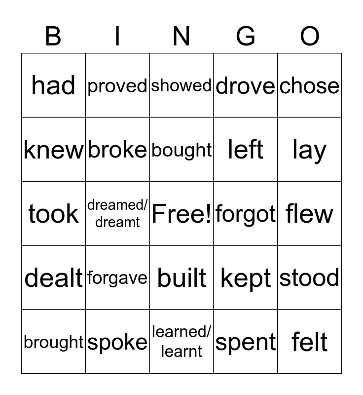 Past Tense Verbs Bingo Card