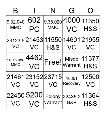 Marysville Police Bingo Card