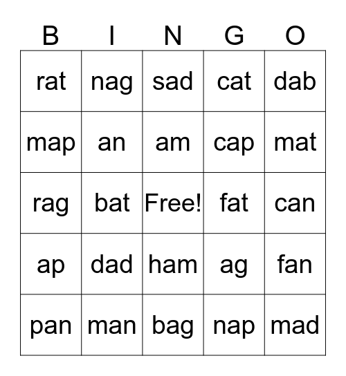 Short "a" Sound Bingo Card