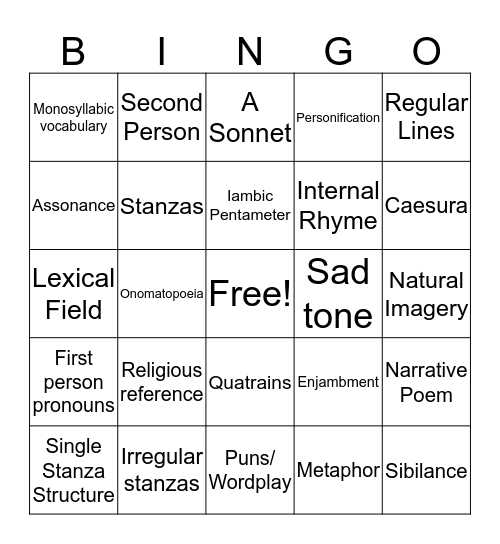 Unseen Poetry Bingo Card