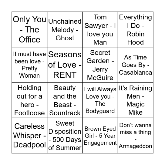 Rom Com Bingo Card