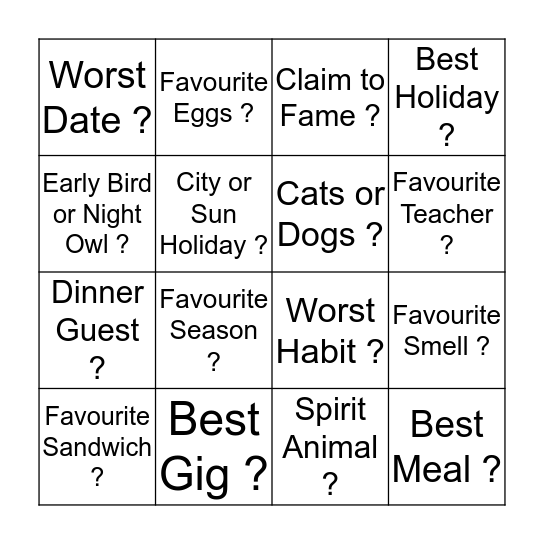 First Date Bingo Card