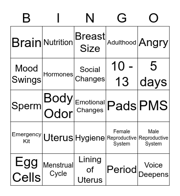 Puberty Bingo Card