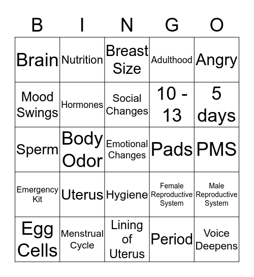 Puberty Bingo Card
