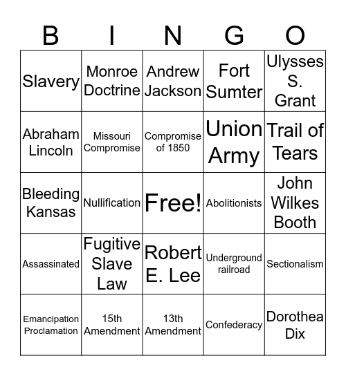 Civil War Bingo Card