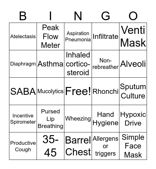 Respiratory Bingo Card