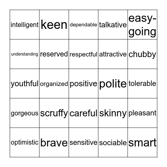 Adjectives Describing People Bingo Card