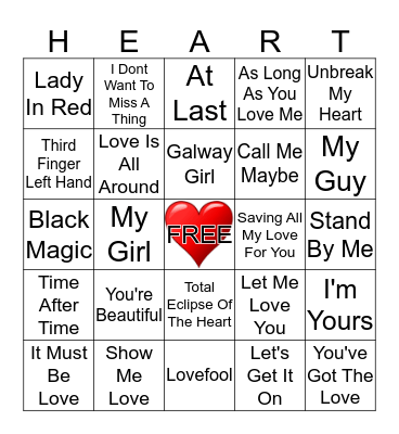 Love Song Bingo Card
