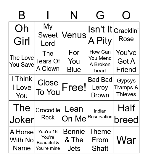 70's #1's Bingo Card