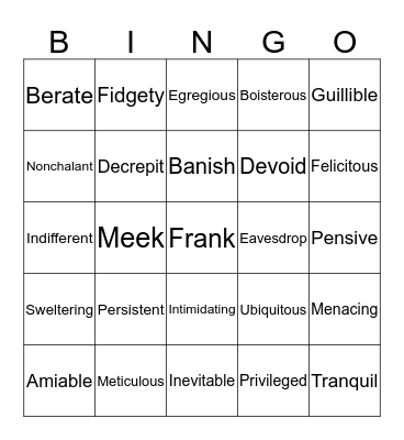 Advanced Vocabulary  Bingo Card