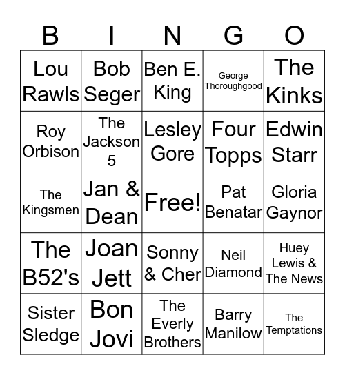 Name That Artist Bingo Card