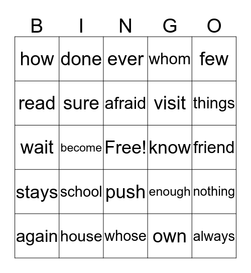 First Grade Sight Word  Bingo Card