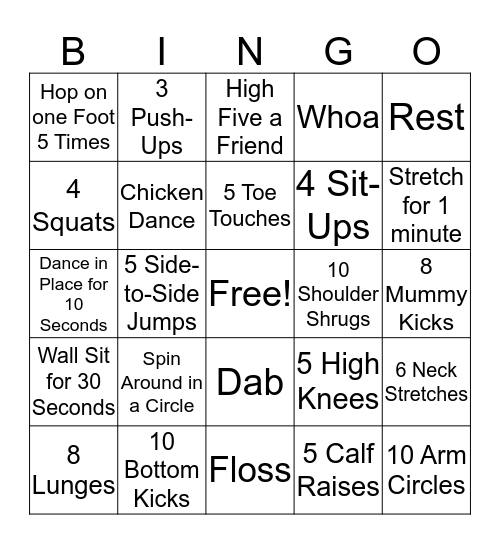 Fitness Bingo Card