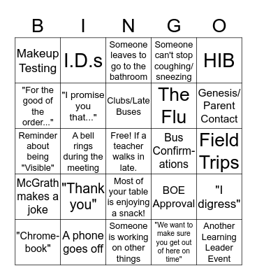 Faculty Meeting February 2020 Bingo Card