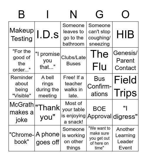 Faculty Meeting February 2020 Bingo Card