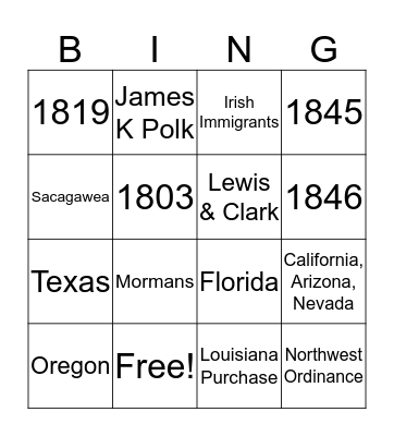 Westward Expansion Bingo Card