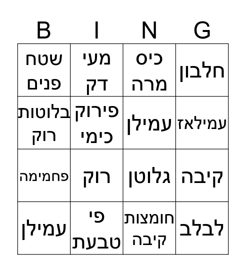 מערכת העיכול Bingo Card