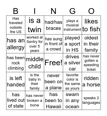 Get to know you BINGO Card