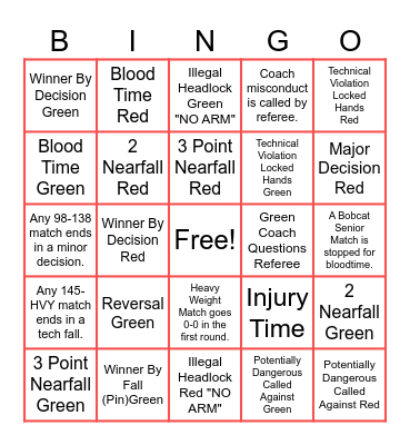 Bobcat Wrestling 2025 Bingo Card