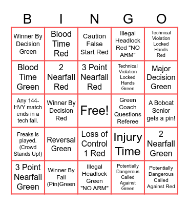 Bobcat Wrestling  Senior Night 2026 Bingo Card