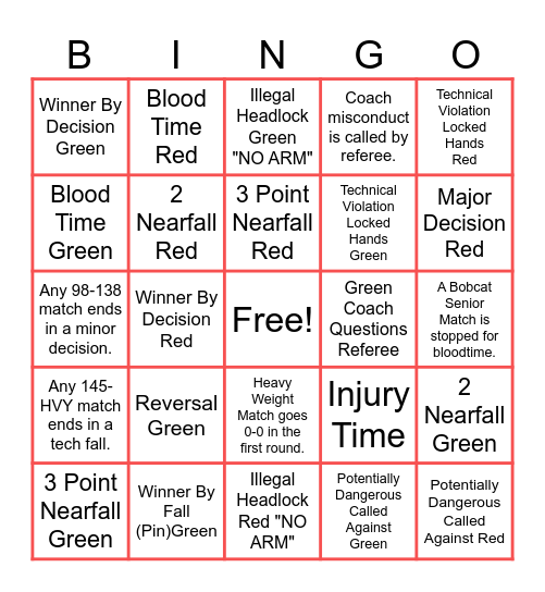 Bobcat Wrestling 2025 Bingo Card