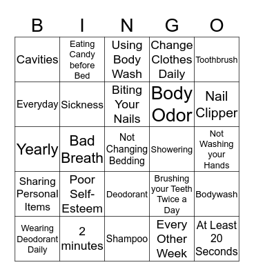 Personal Hygiene  Bingo Card