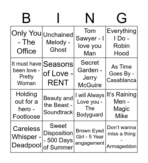 RomCom Bingo Card