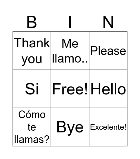 Spanish Vocabulary Day 1 Bingo Card