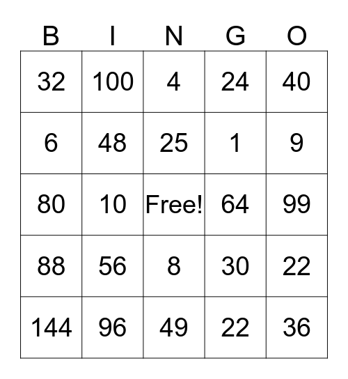 Multiplication Bingo  Bingo Card