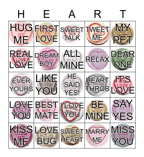 HR Valentines Love Hearts Bingo Card