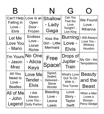 Love Song Bingo Card