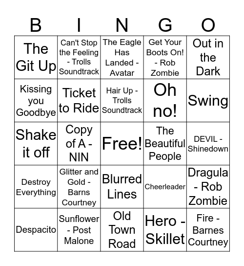 Kids Music Bingo Card