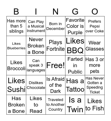 Getting to Know You  Bingo Card