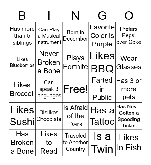 Getting to Know You  Bingo Card