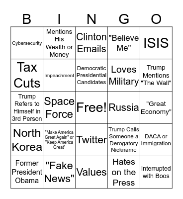 State of the Union 2020 Bingo Card