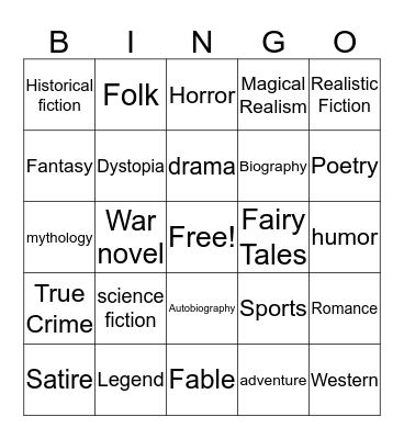 Genre Bing Bingo Card