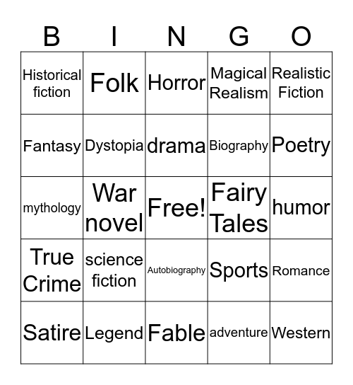 Genre Bing Bingo Card