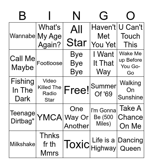 Songs Everyone Knows Bingo Card