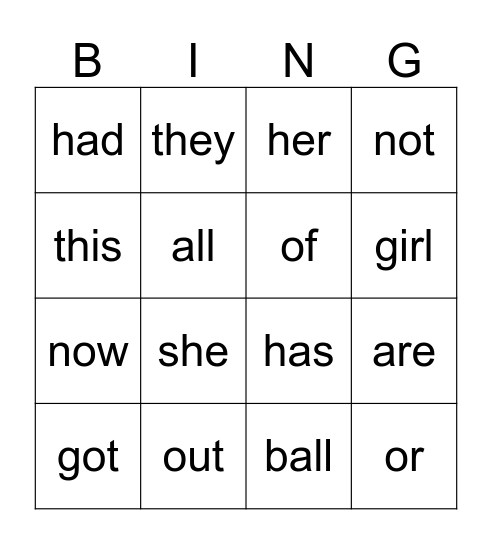 Sight Word Bingo Card