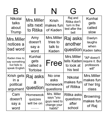 Mrs. Miller's Bingo  Bingo Card
