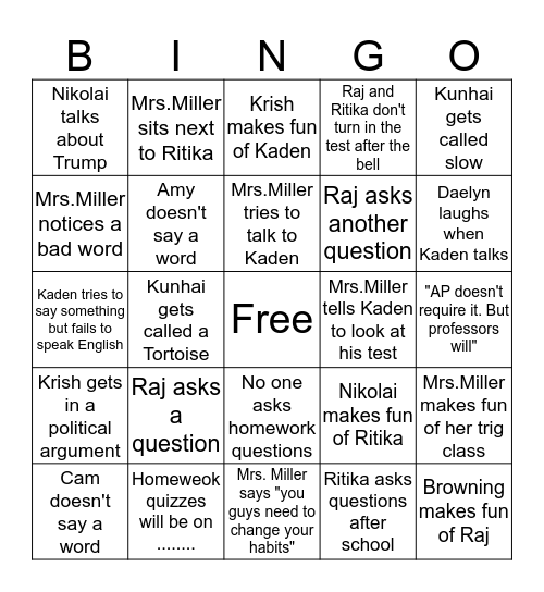 Mrs. Miller's Bingo  Bingo Card