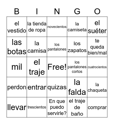 U7A English to Spanish Bingo Card