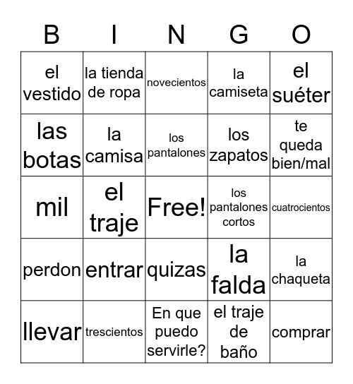 U7A English to Spanish Bingo Card