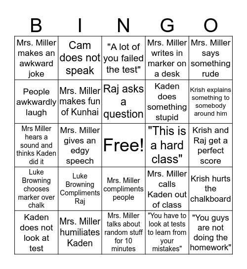 Mrs. Miller's 3rd Period Bingo Card